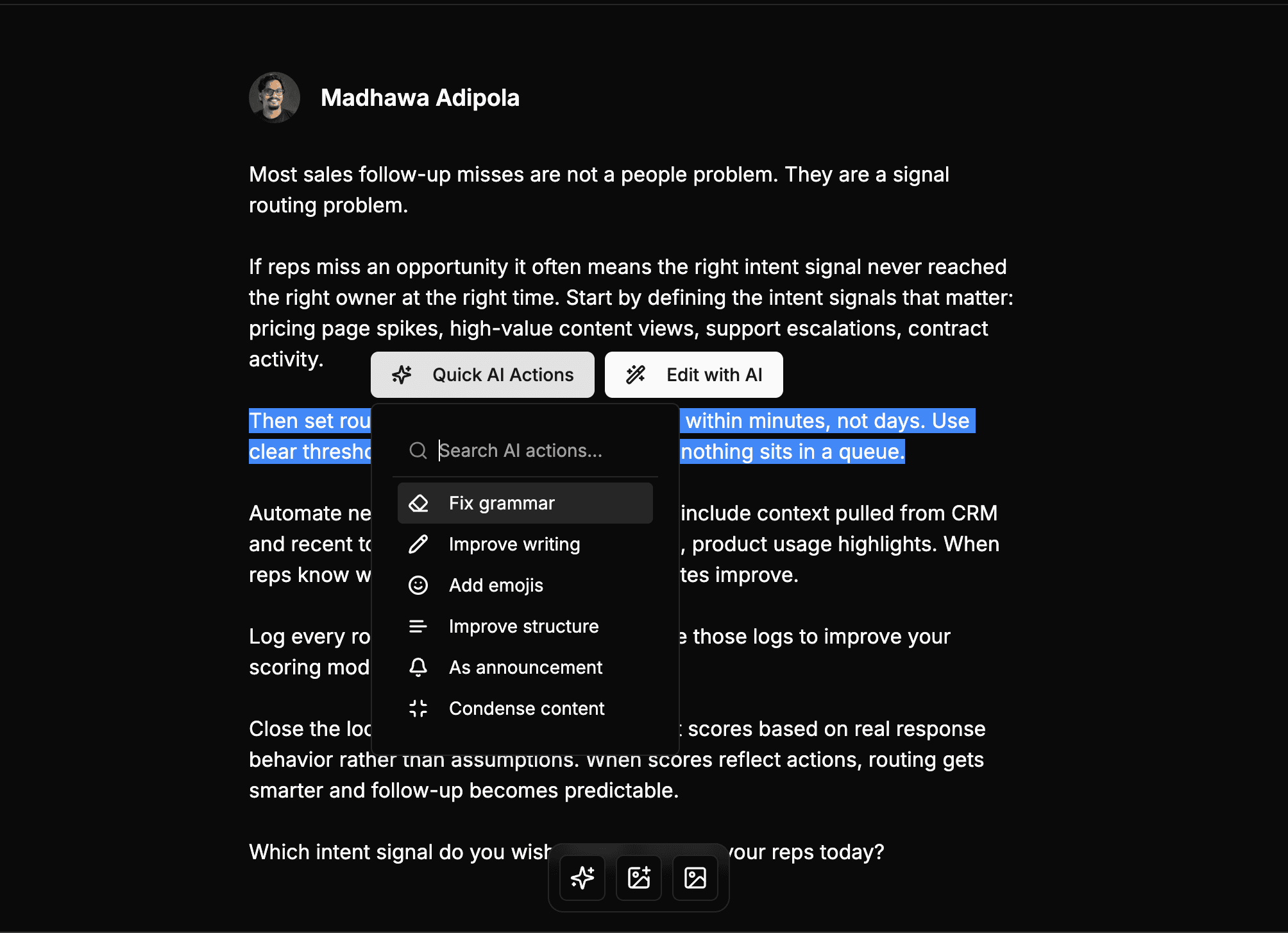 One-click AI enhancements for LinkedIn posts